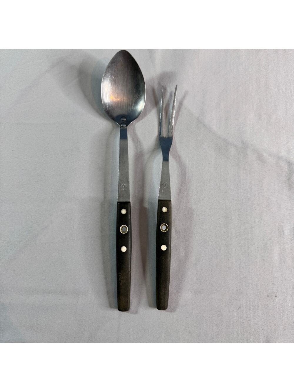 Vintage Flint Japan Stainless Steel Serving Spoon Fork Set Wood Handle MCM